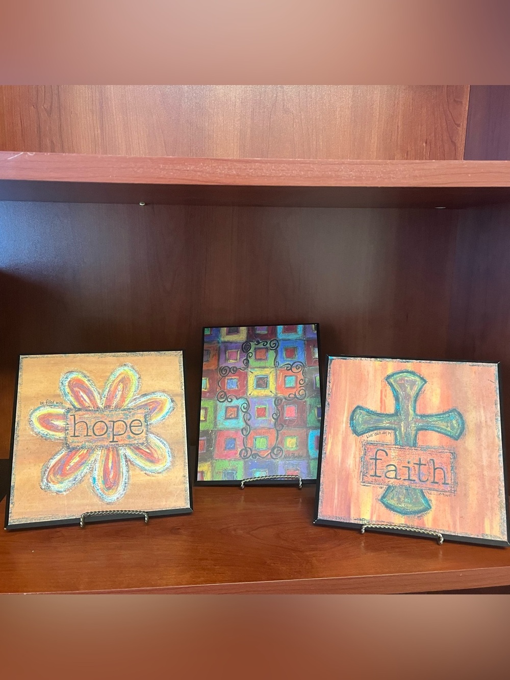 Folk Art Style Set of 3 Faith Hope Cross Wood Plaques Home Decor Fun Funky